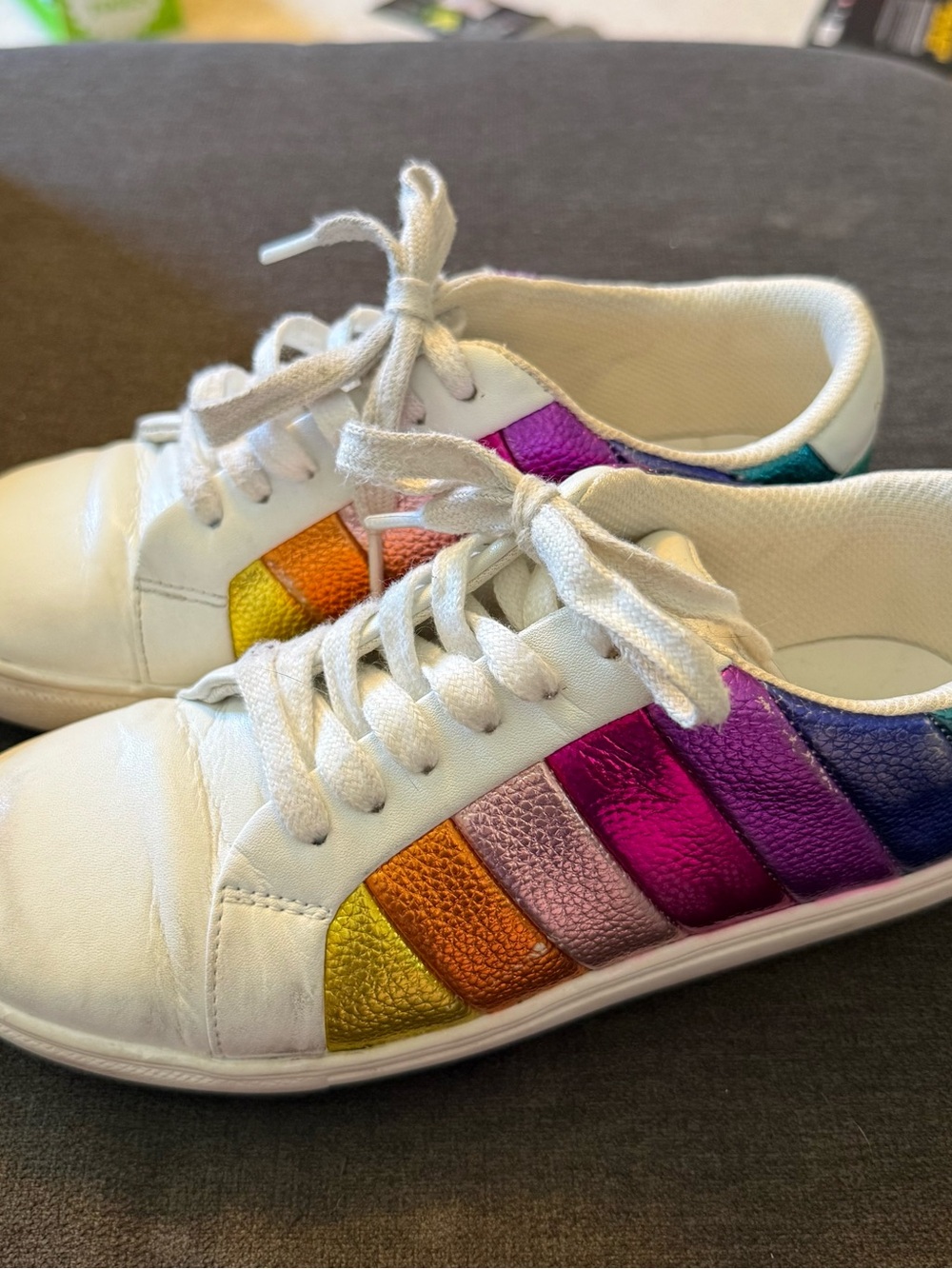 Kurt Geiger Girls Tennis Shoes- size 4- Rainbow- metallic- white-in box